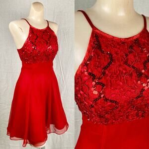 Vintage 90s High Neck Sequined A Line NYE Holiday Red Sleeveless Mini Dress